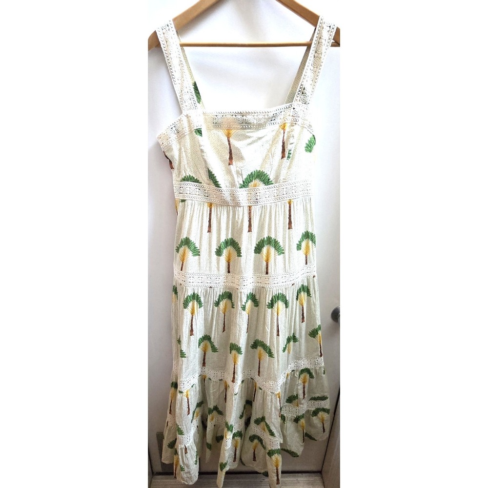 Calypso St. Barth Dress L Maxi Tiered Palm Trees Crochet Lace Straps Cream/Green - Picture 6 of 15
